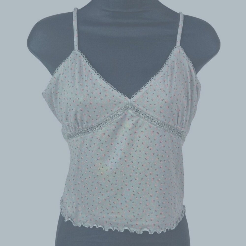 Abound Womens Mesh Lace Blooming Rose Print Camisole Lg Green & Pink NWT